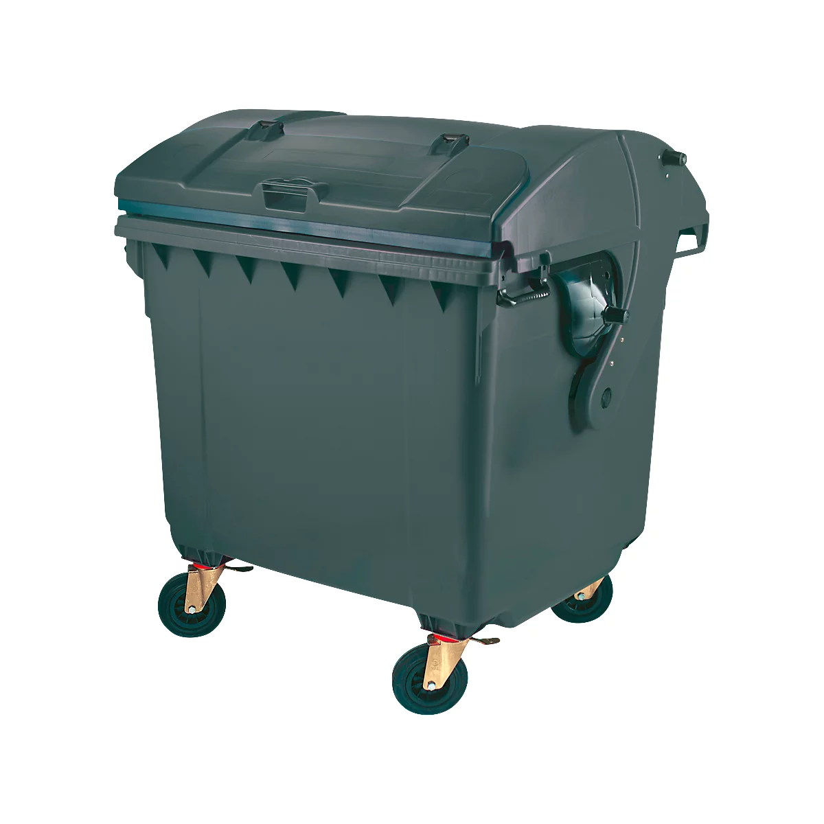 Conteneur à déchets gris, rectangulaire, avec couvercle et roues.