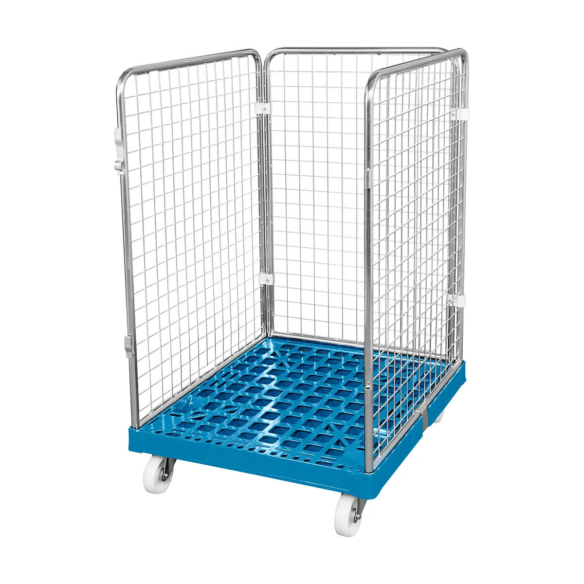 Conteneur à grille 3 côtés, 1020 sur conteneur sur roulettes en plastique, bleu clair RAL5012