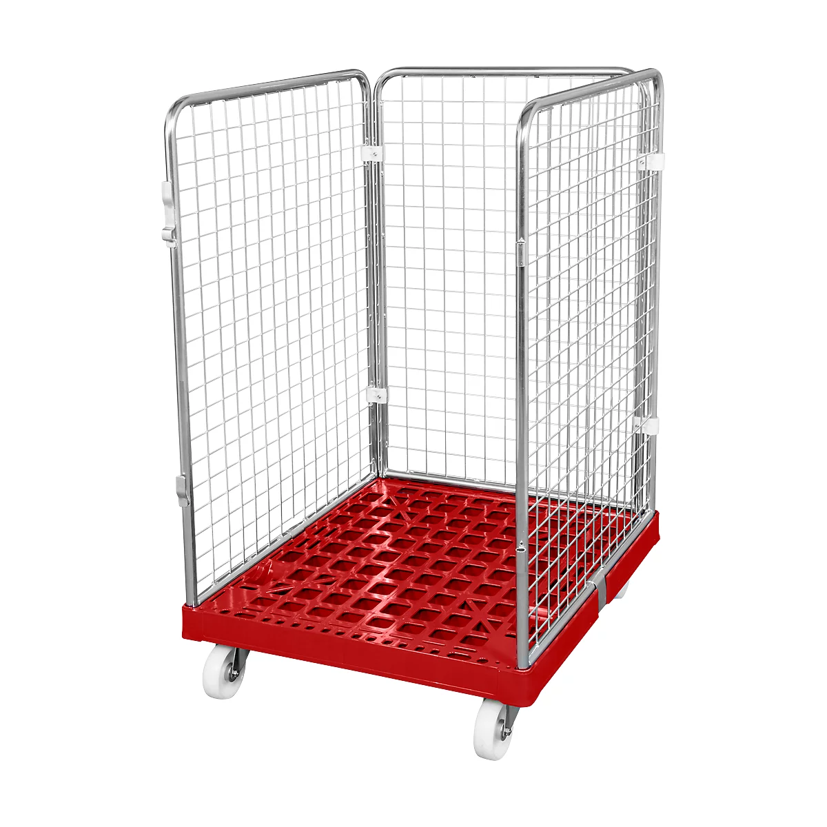Conteneur à grille 3 côtés, 1020 sur conteneur sur roulettes en plastique, rouge feu RAL 3000