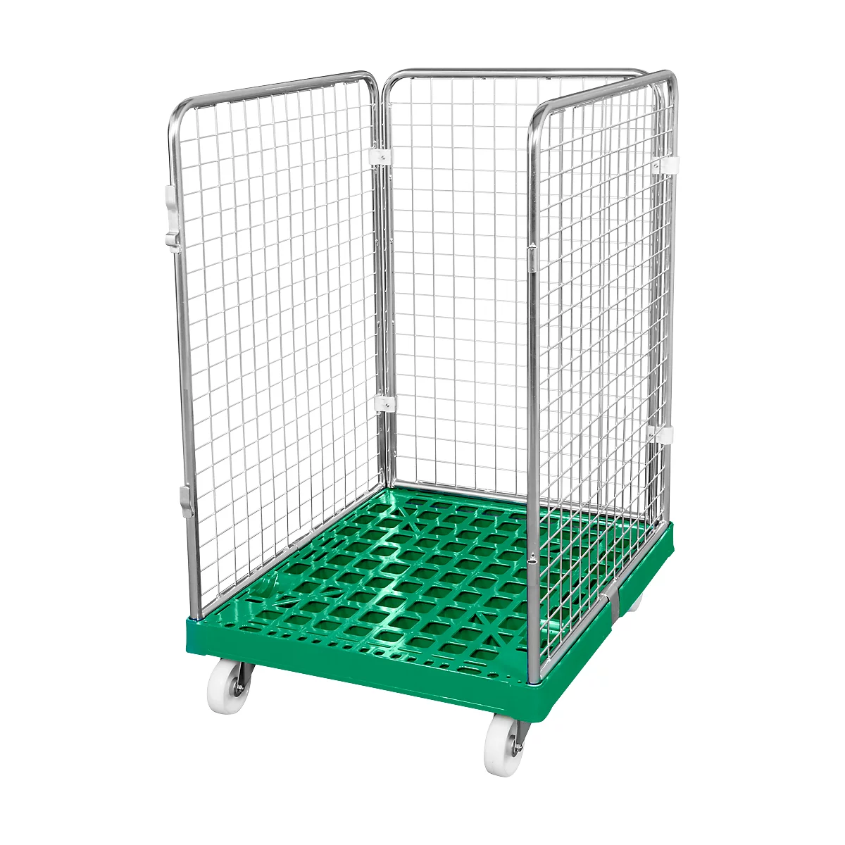 Conteneur à grille 3 côtés, 1020 sur conteneur sur roulettes en plastique, vert RAL6024