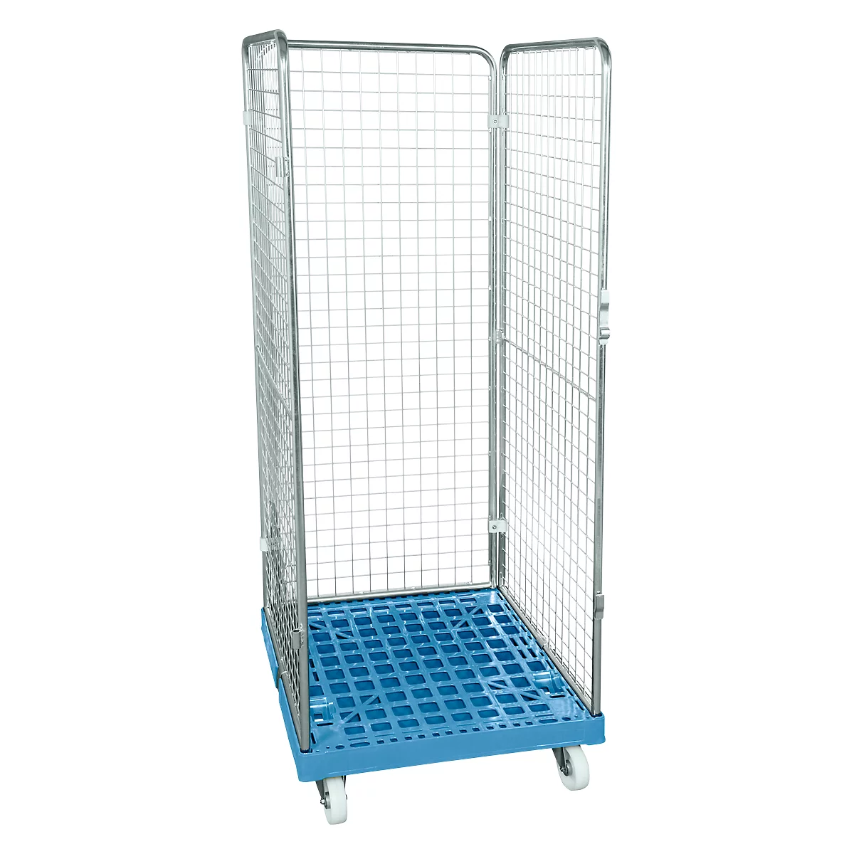Conteneur à grille 3 côtés, 1600 sur conteneur sur roulettes en plastique, bleu clair RAL 5012