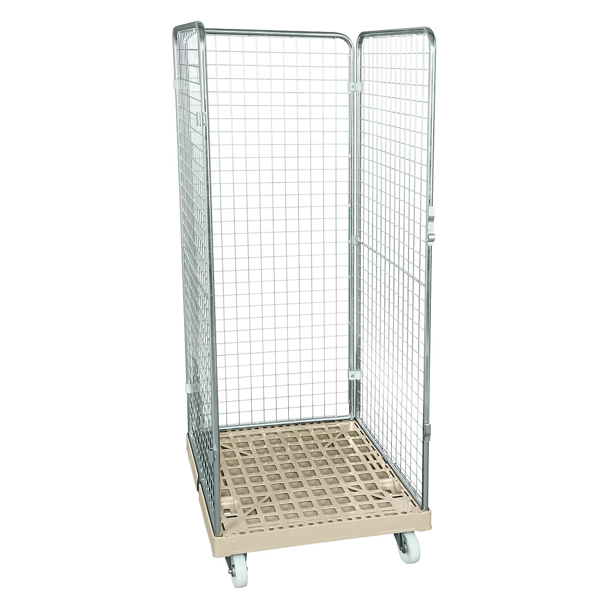 Conteneur à grille 3 côtés, 1600 sur conteneur sur roulettes en plastique, gris RAL 7032
