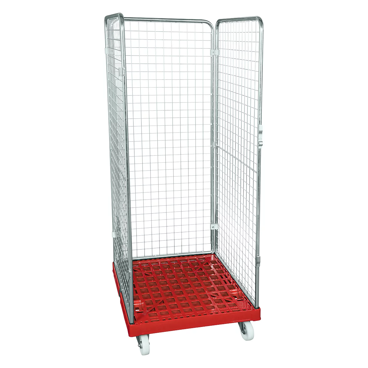 Conteneur à grille 3 côtés, 1600 sur conteneur sur roulettes en plastique, rouge feu RAL 3000