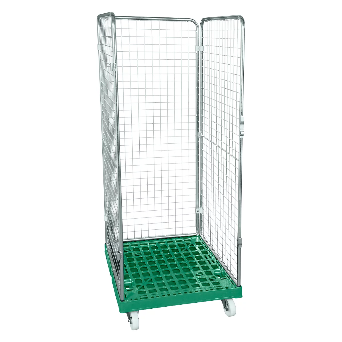 Conteneur à grille 3 côtés, 1600 sur conteneur sur roulettes en plastique, vert RAL 6024
