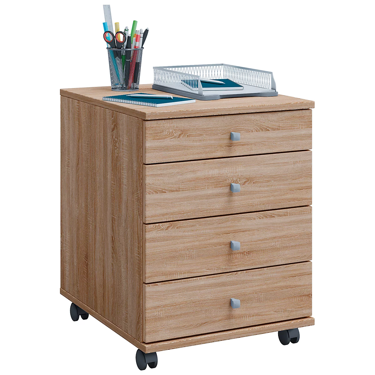 Conteneur à roulettes, 4 tiroirs avec bouton, L 420 x P 500 x H 570 mm, aggloméré, chêne Sonoma
