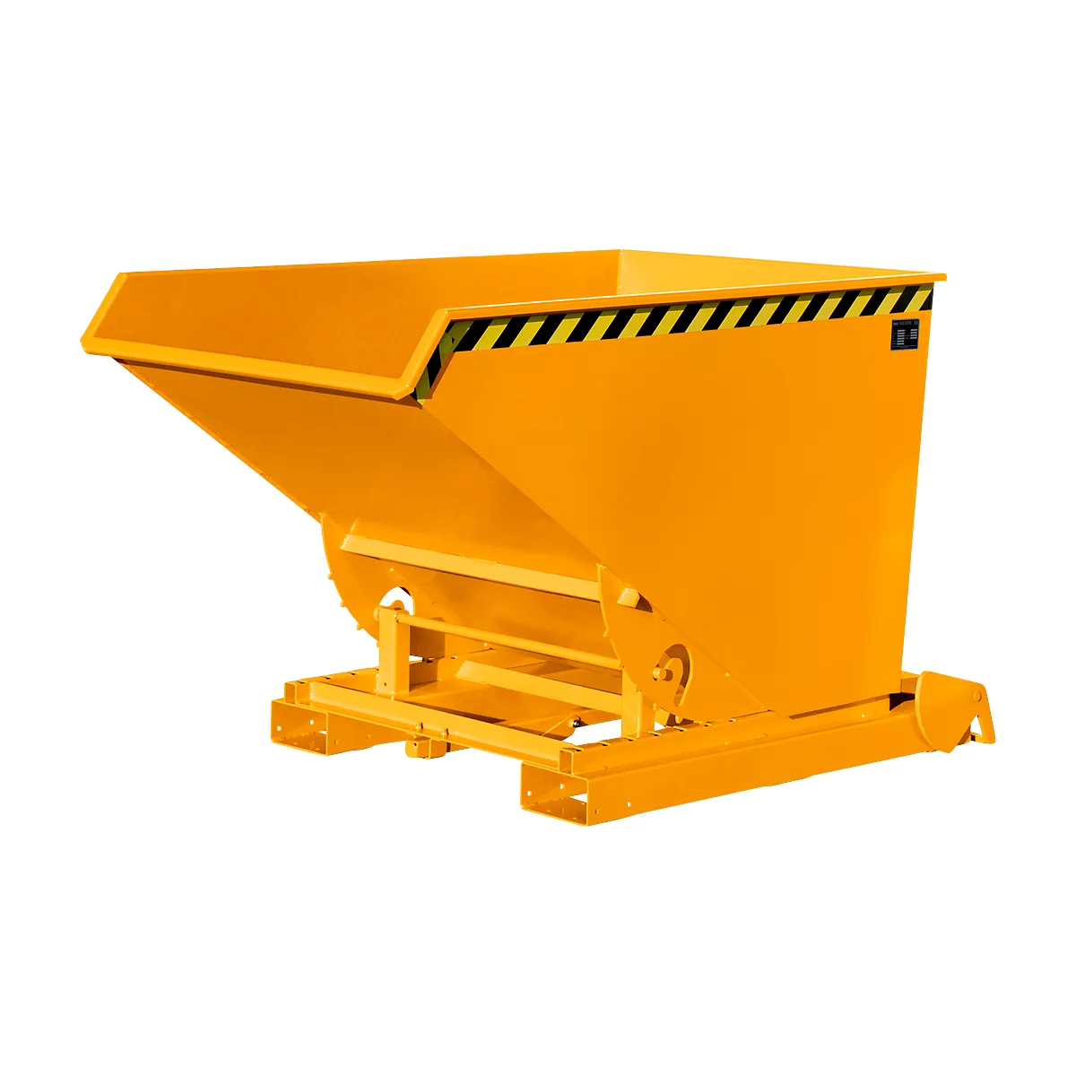 Conteneur basculant automatique Bauer type 4A 1200, 3 points de déclenchement, système de roulement, capacité 1,2 m³, jusqu'à 1500 kg, jaune-orange RAL 2000