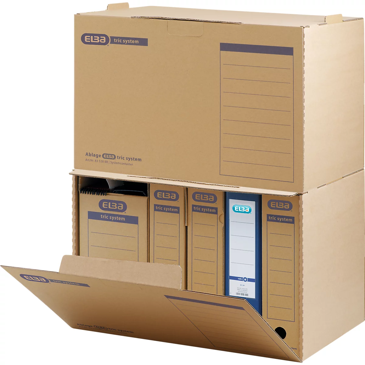 Conteneur d'archives Elba Tric, jusqu'à A4, volet frontal, empilable, L 510 x P 330 x H 360 mm, carton ondulé, brun naturel, 5 pièces