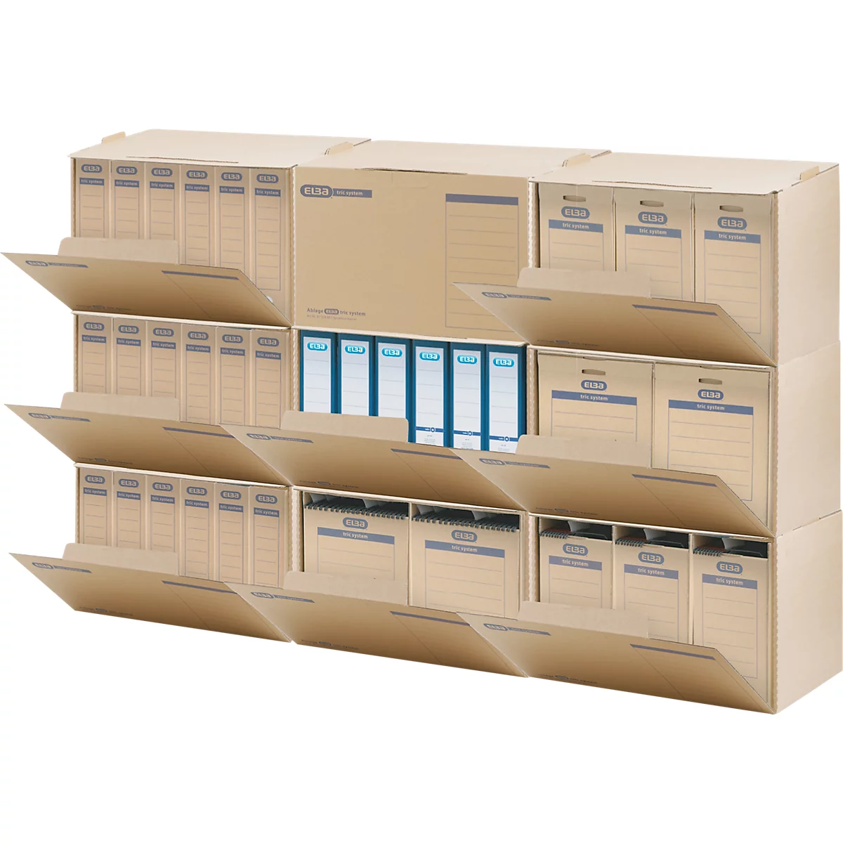Conteneur d'archives Elba Tric, jusqu'à A4, volet frontal, empilable, L 510 x P 330 x H 360 mm, carton ondulé, brun naturel, 5 pièces