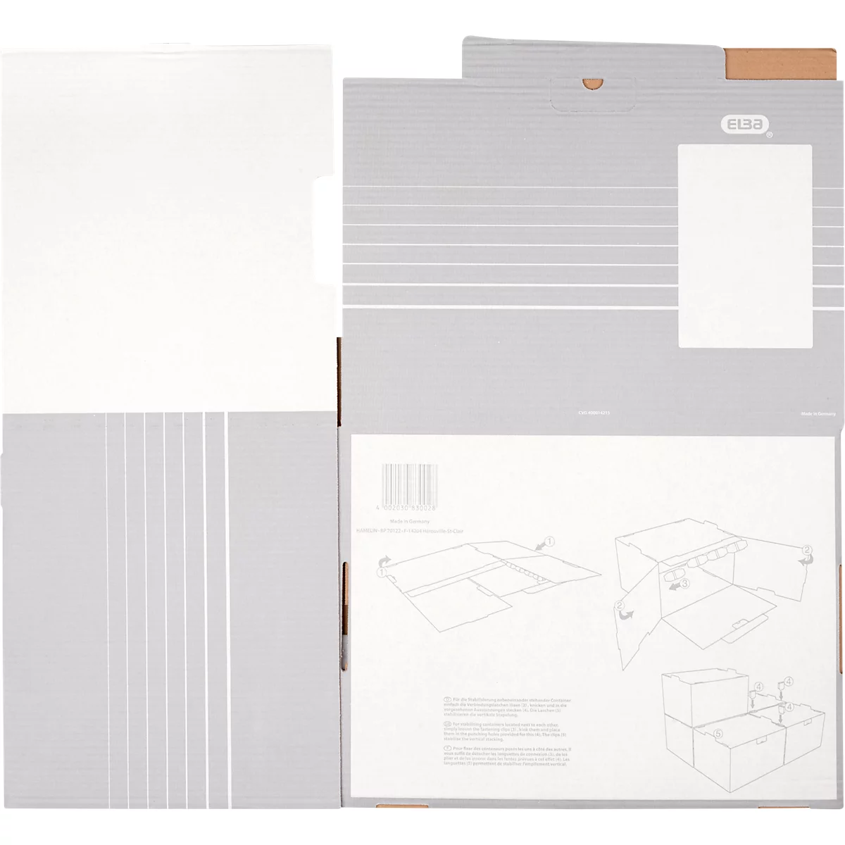 Conteneur d'archives Tric Elba, jusqu'à A4, volet frontal, L 473 x P 325 x H 360 mm, carton ondulé, gris, 10 pièces