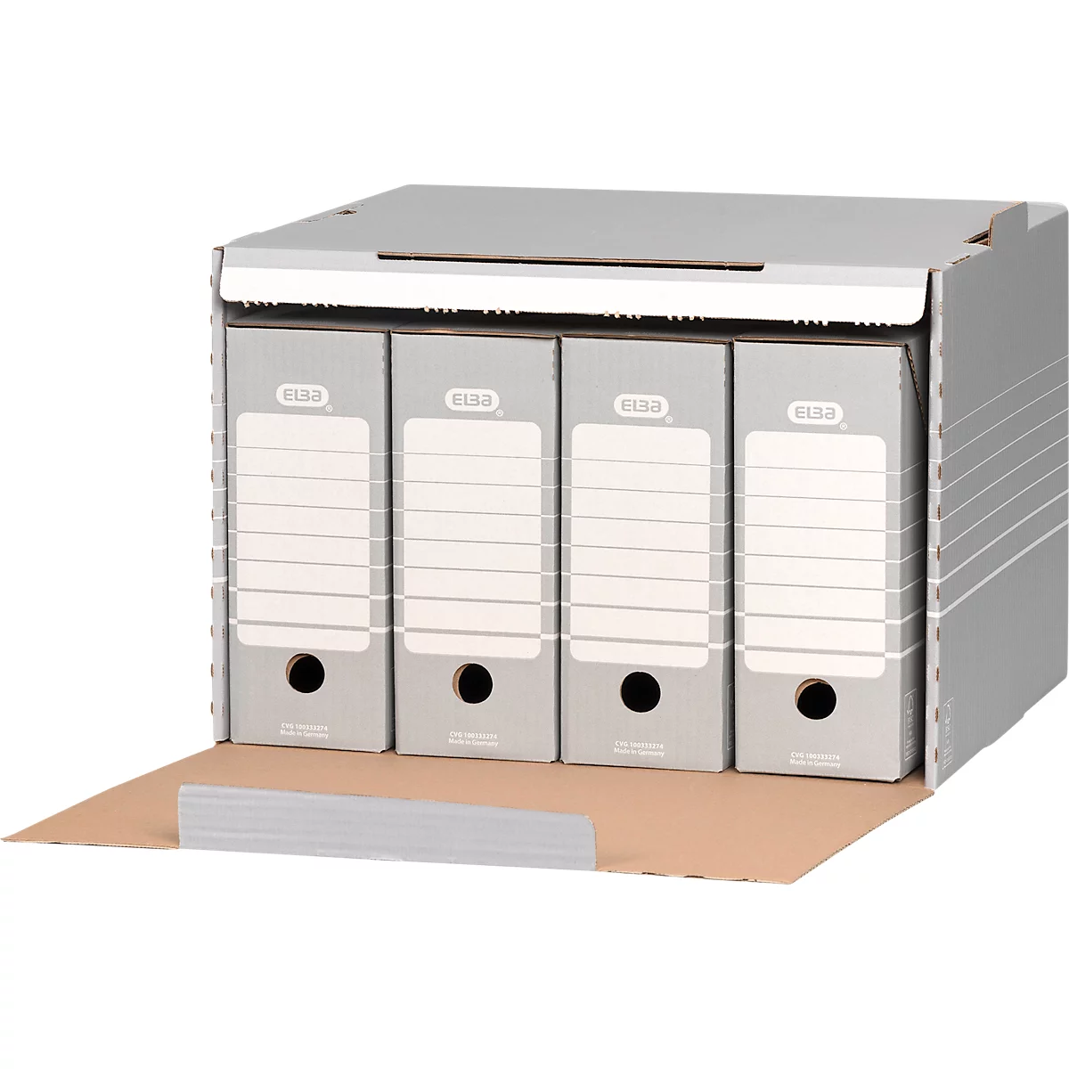Conteneur d'archives Tric Elba, jusqu'à A4, volet frontal, L 473 x P 325 x H 360 mm, carton ondulé, gris, 10 pièces