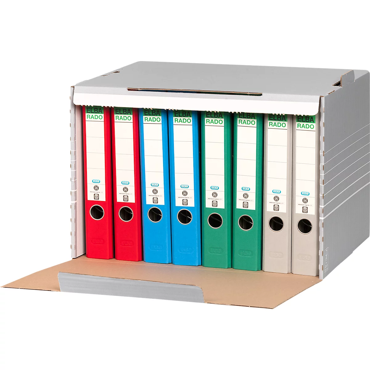 Conteneur d'archives Tric Elba, jusqu'à A4, volet frontal, L 473 x P 325 x H 360 mm, carton ondulé, gris, 10 pièces