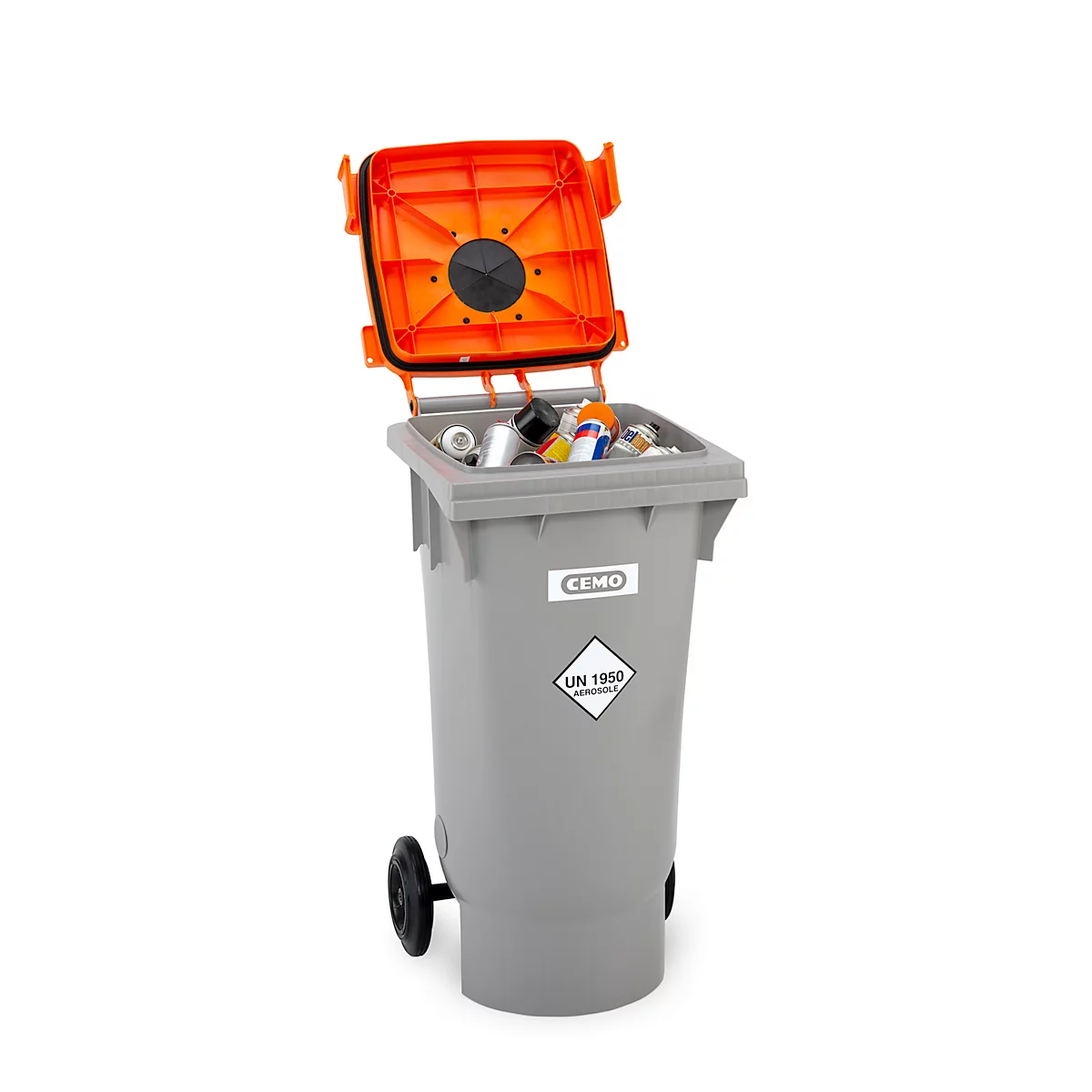 Conteneur de sécurité CEMO pour aérosols, 120 l, homologation UN, 2 ouvertures d'aération, mobile, avec couvercle, plastique