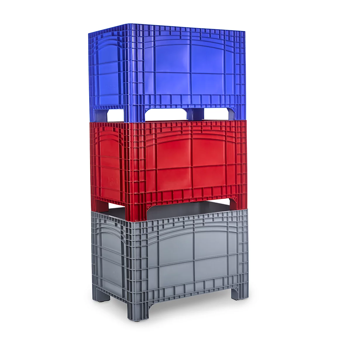 Conteneur de transport et d'empilage Noah, sans couvercle, fond et parois fermés, volume 535 l, capacité de charge jusqu'à 300 kg, 4 pieds, L 800 x l 1200 x H 800 mm, polyéthylène alimentaire, bleu