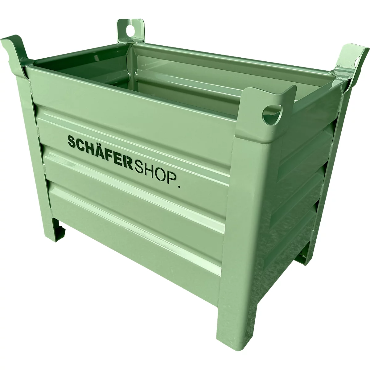 Boîte en métal ondulé vert clair avec poignées. Sur le côté, on peut lire SCHÄFERSHOP en lettres noires.