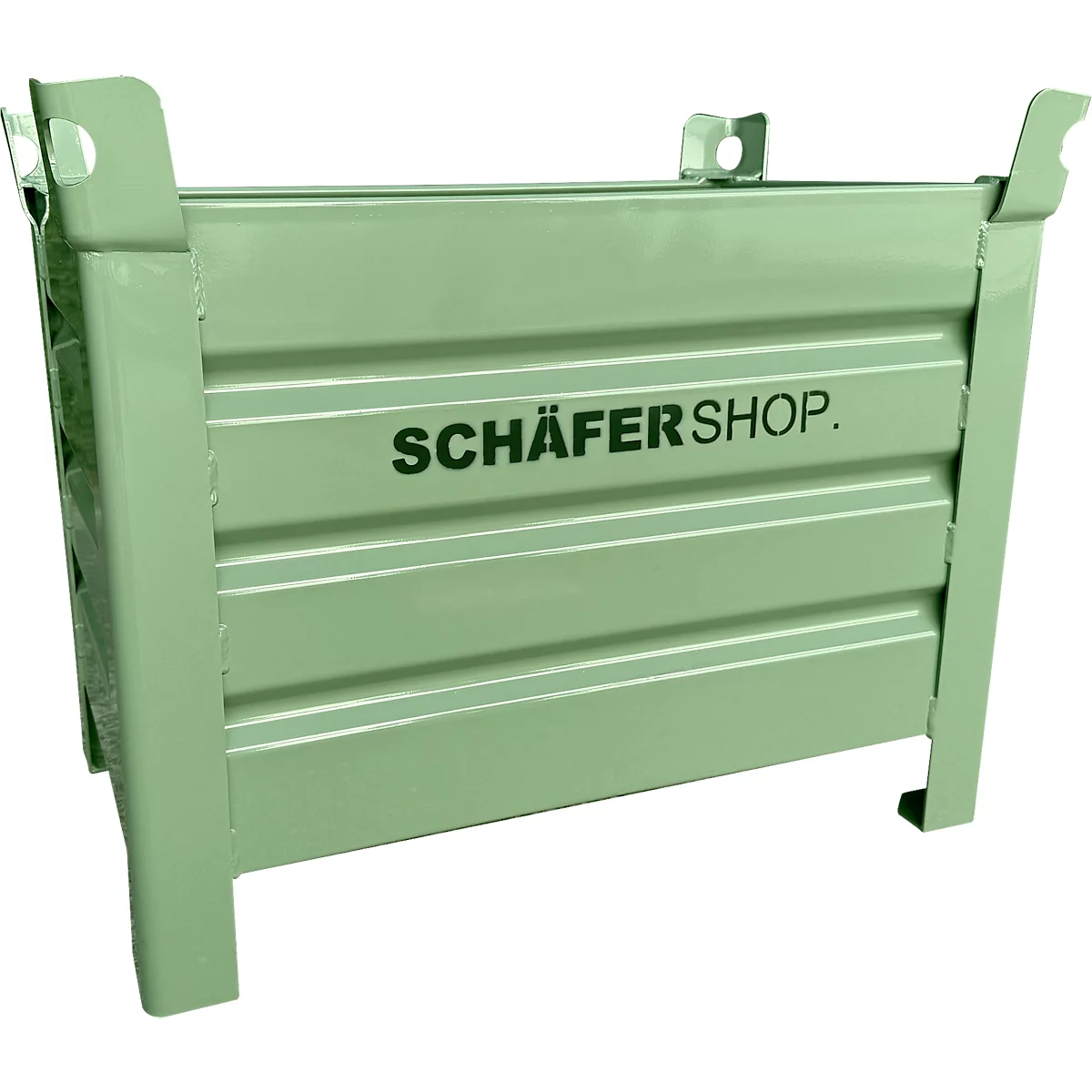 Boîte en métal vert clair avec l'inscription SCHÄFERSHOP. La boîte a des nervures verticales et des poignées latérales.