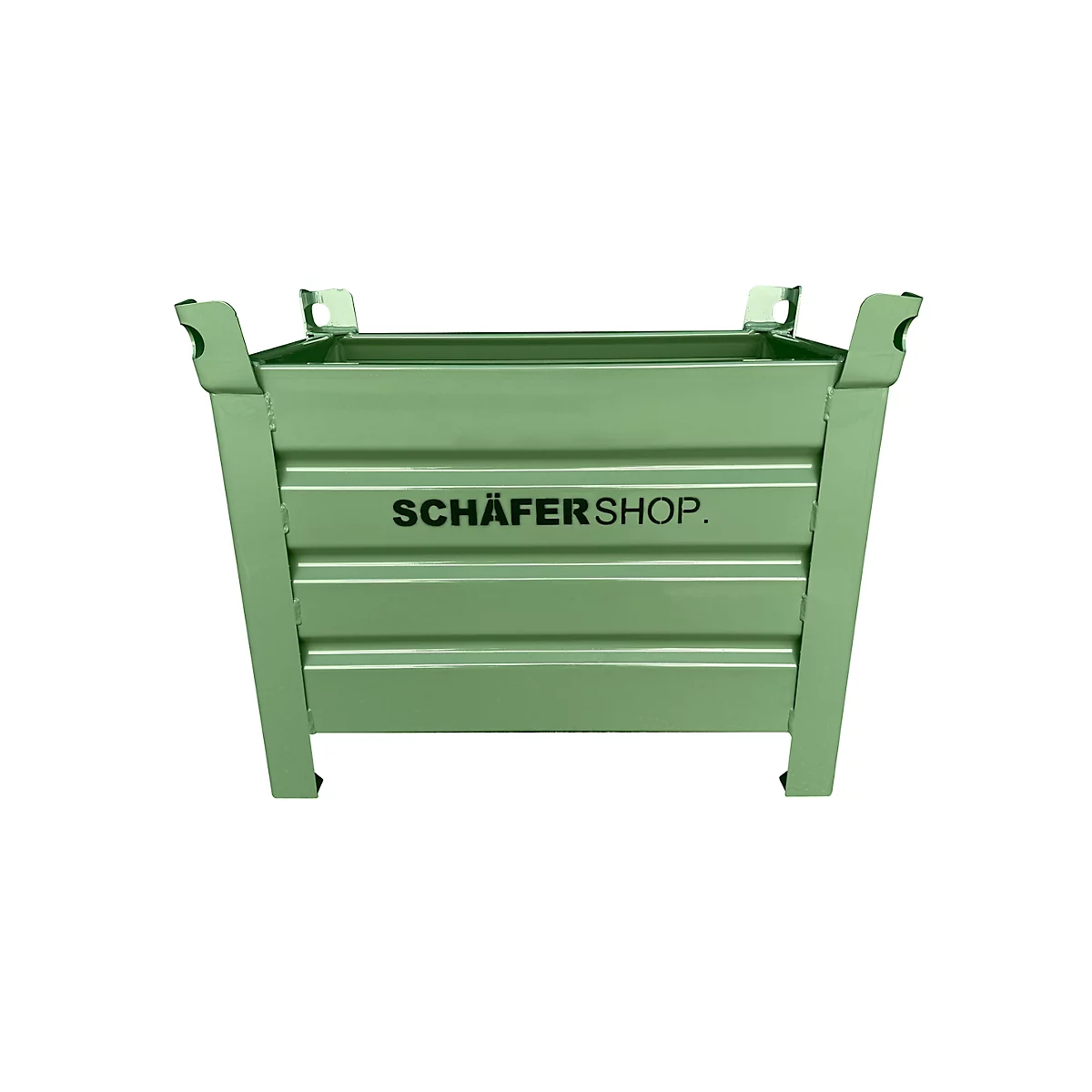 Caisse en métal vert avec des entretoises horizontales et l'inscription "SCHÄFERSHOP.".