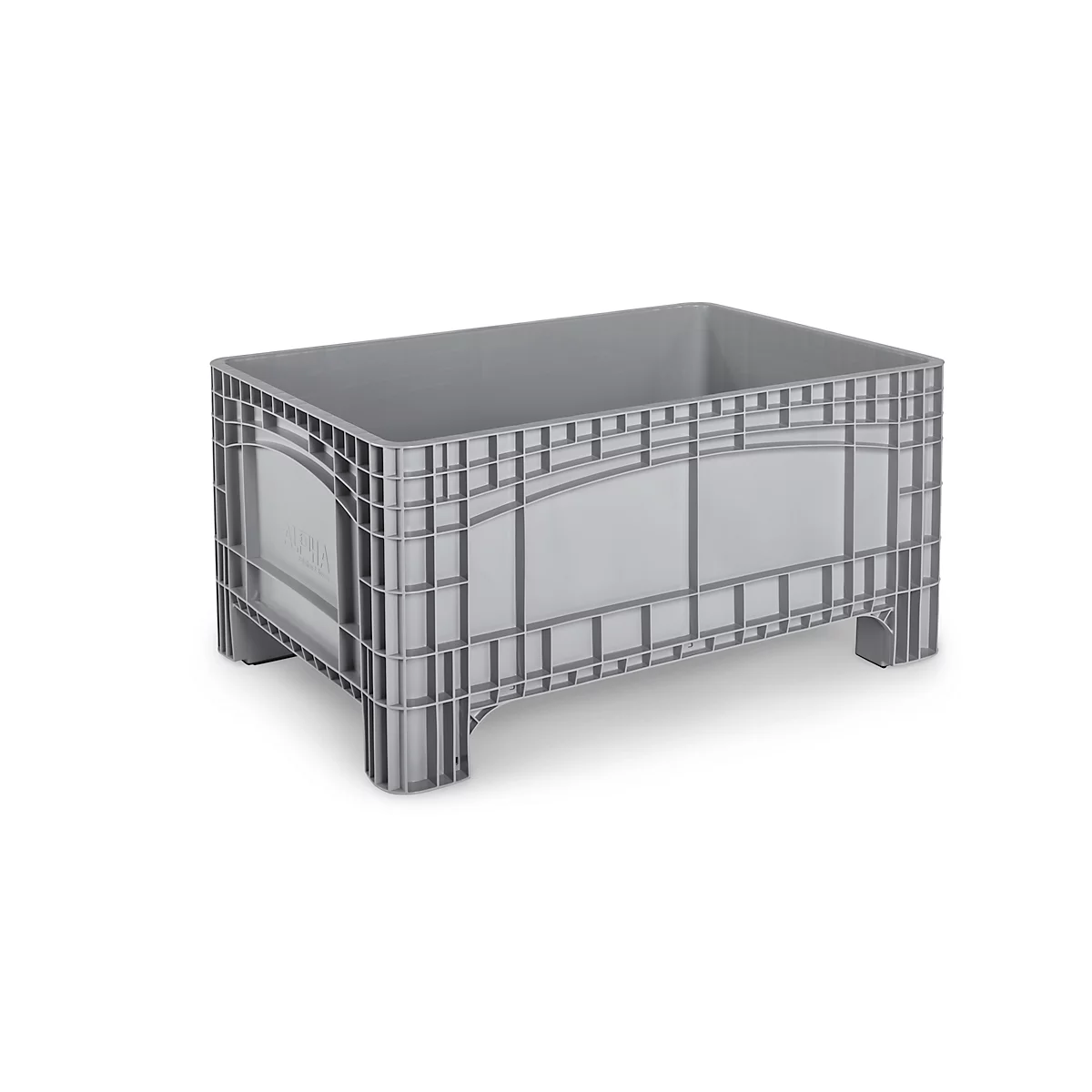 Conteneur de transport et de gerbage Noah, sans couvercle, fond et parois fermés, capacité 354 l, charge jusqu'à 300 kg, 4 pieds, L 1200 x P 800 x H 580 mm, polyéthylène alimentaire, gris