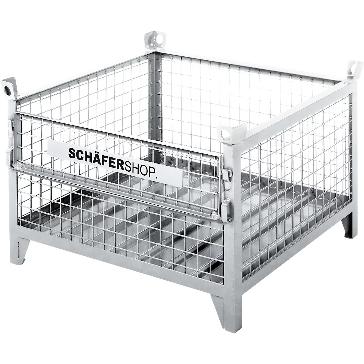 Une caisse grillagée en métal. Le logo "SCHÄFERSHOP" est apposé sur la grille.