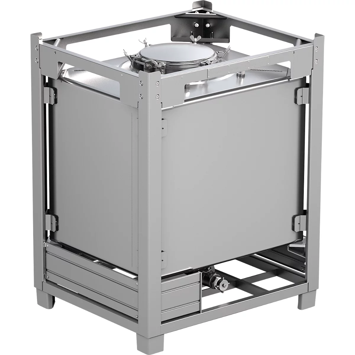 Conteneur IBC SCHÄFER BTA PTFE, 1000 l, homologation UN, soupape de sécurité, empilable, sur châssis de transport, inox 1.4404 (V4A), L 1015 x P 1215 x H 1550 mm
