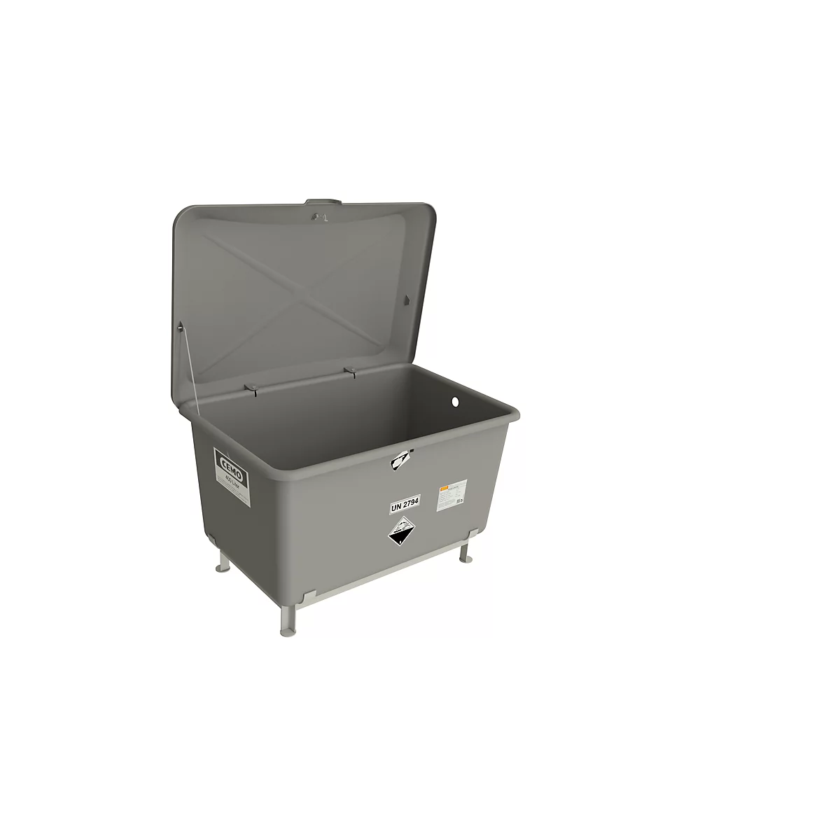 Bac de rétention gris avec couvercle ouvert. Le bac repose sur des pieds argentés.