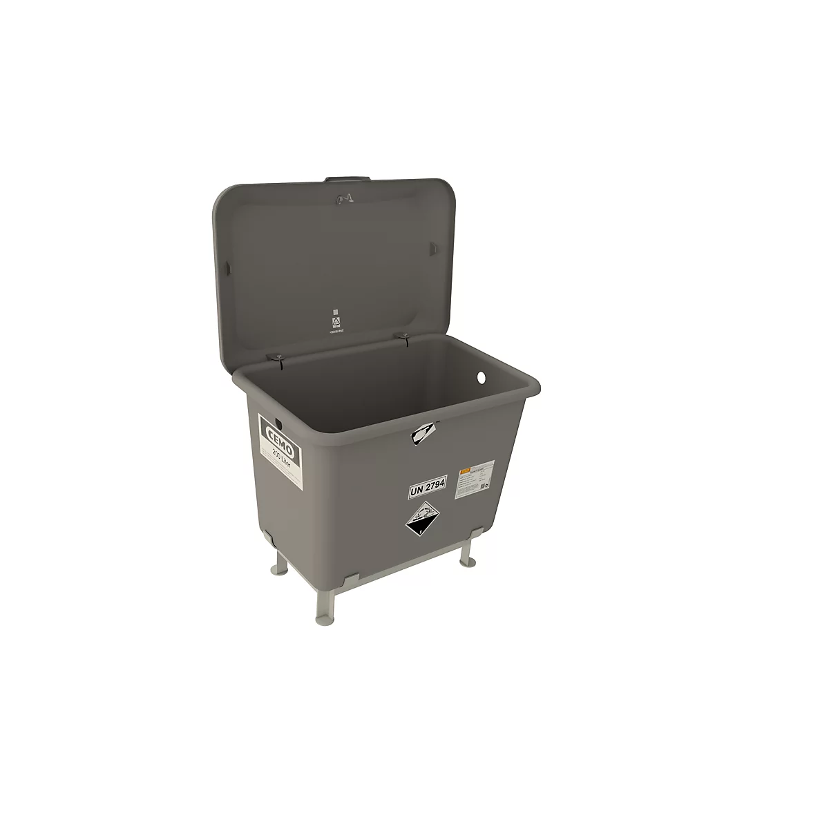 Conteneur à déchets gris avec couvercle ouvert, sur pieds métalliques, panneaux d'avertissement.