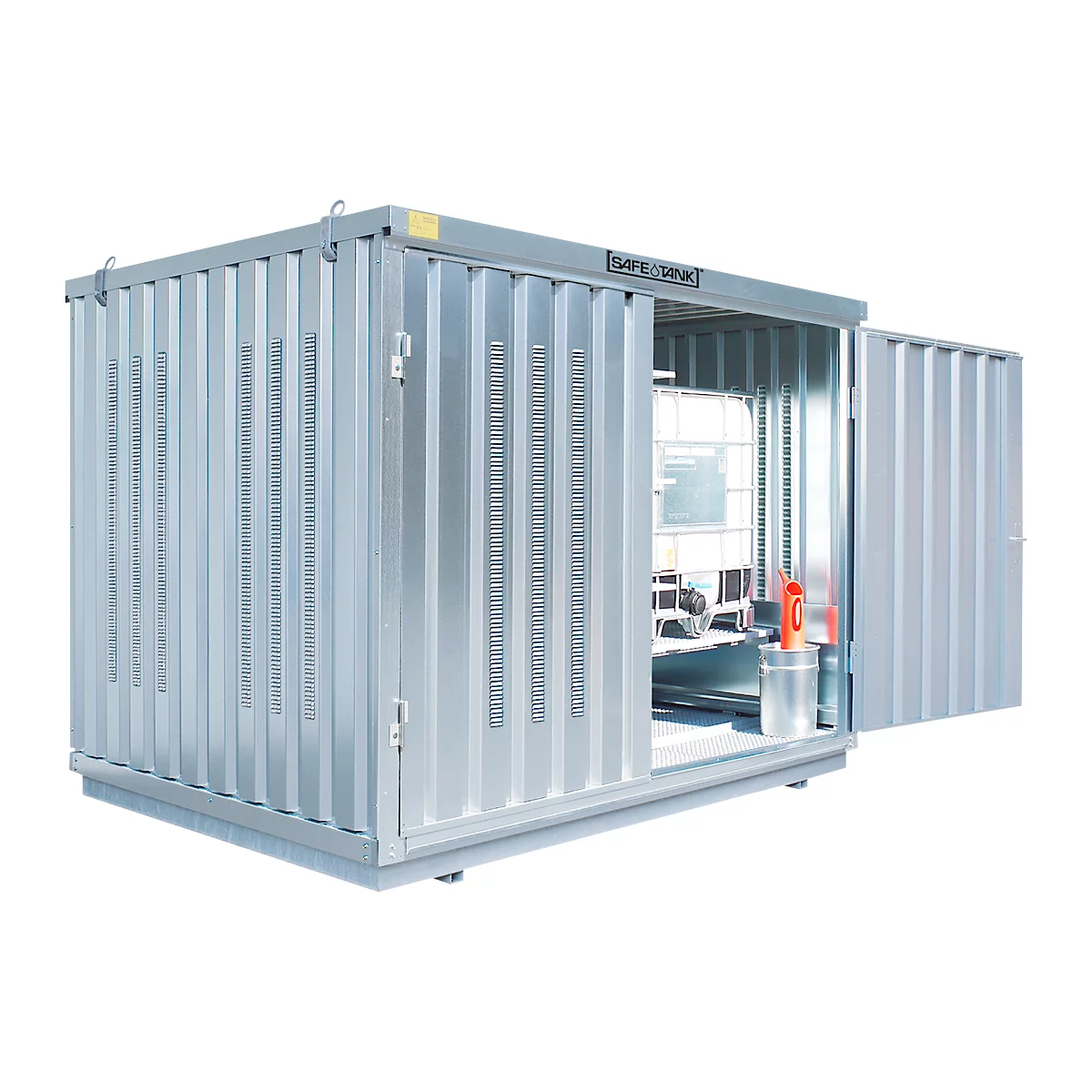 Conteneur pour substances dangereuses Säbu SAFE TANK 1000 KTC, pour 2 IBC de 1000 l, stockage passif, avec vannes d'aération, bac de rétention &amp; caillebotis, L 3050 × P 2170 × H 2310 mm