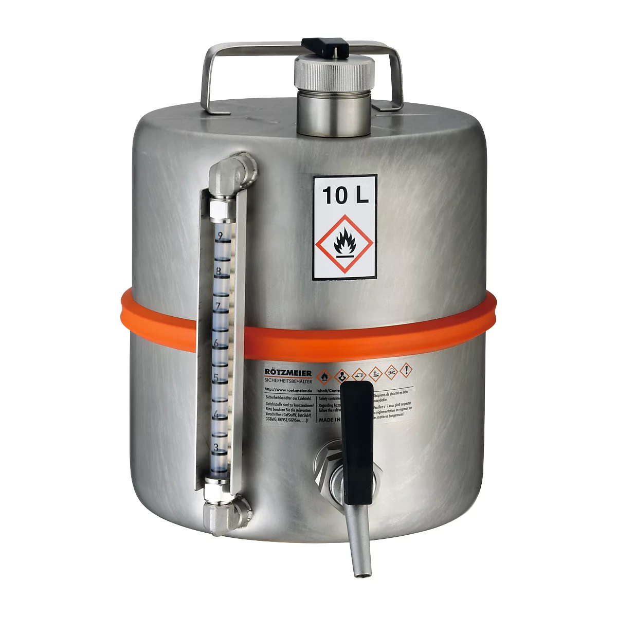 Conteneur sur pied de sécurité, en inox, robinet et indicateur de niveau de remplissage, 10 L, ø 260 x H 350 mm