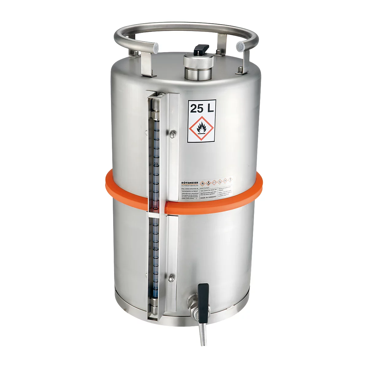Conteneur sur pied de sécurité, en inox, robinet et indicateur de niveau de remplissage, 25 L, ø 315 x H 530 mm