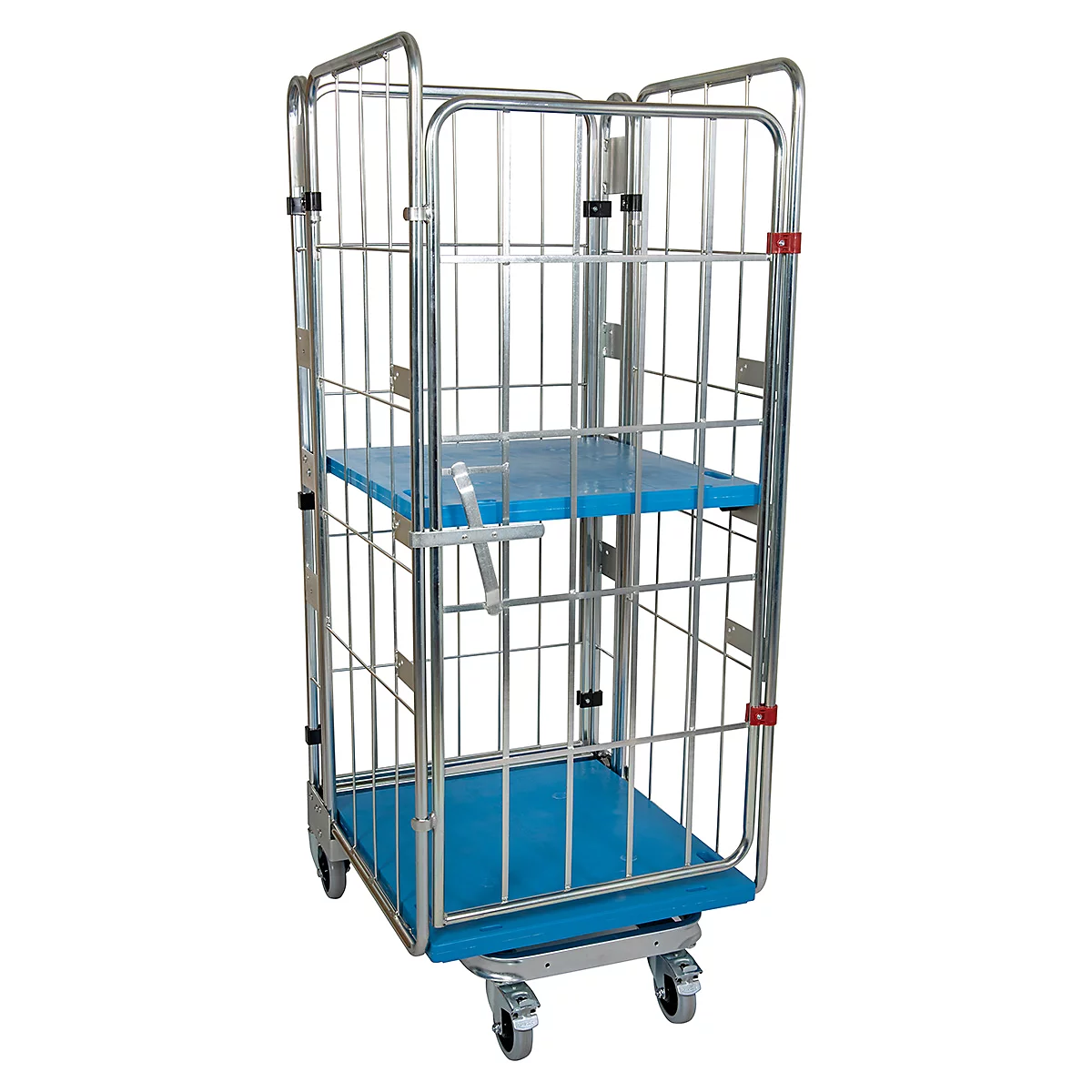 Chariot grillagé en métal, haut et roulant, équipé de deux étagères bleues sur quatre roues.