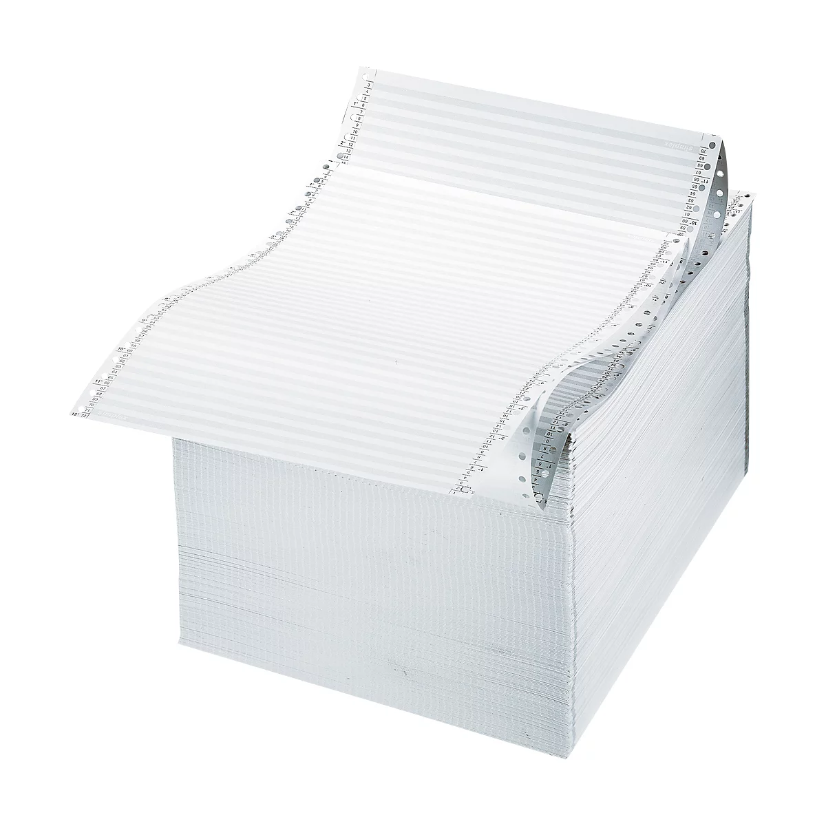 Stack of continuous paper, one sheet folded upwards, perforated edges.