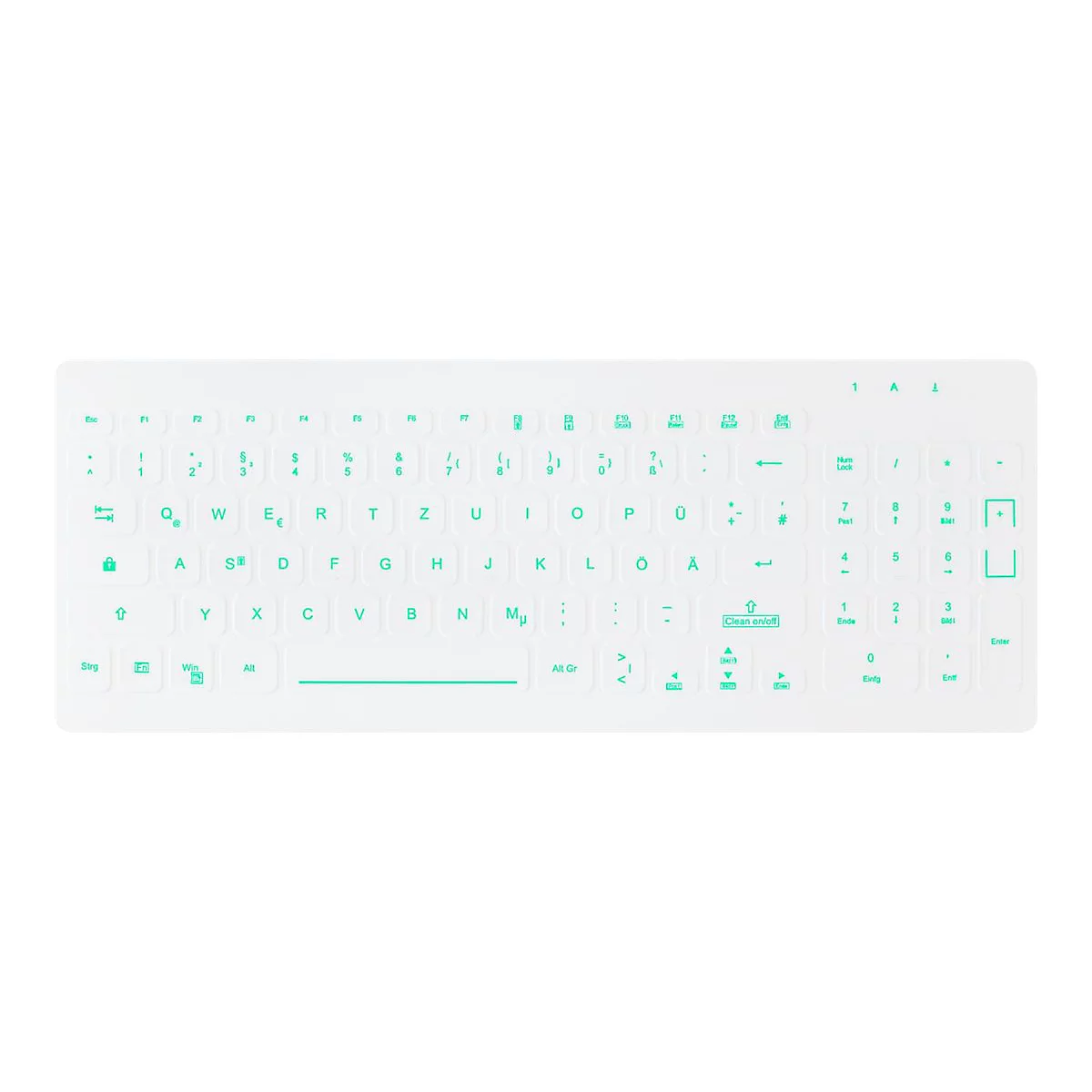Weiße, hygienische Tastatur mit hellgrüner Beschriftung und Tastenbeleuchtung auf weißem Hintergrund.