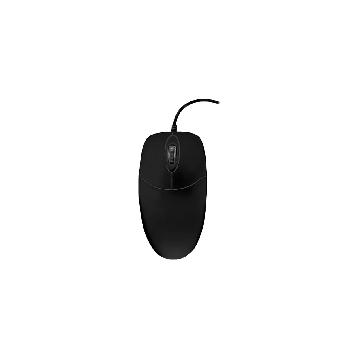 Schwarze kabelgebundene Computermaus auf weißem Hintergrund.
