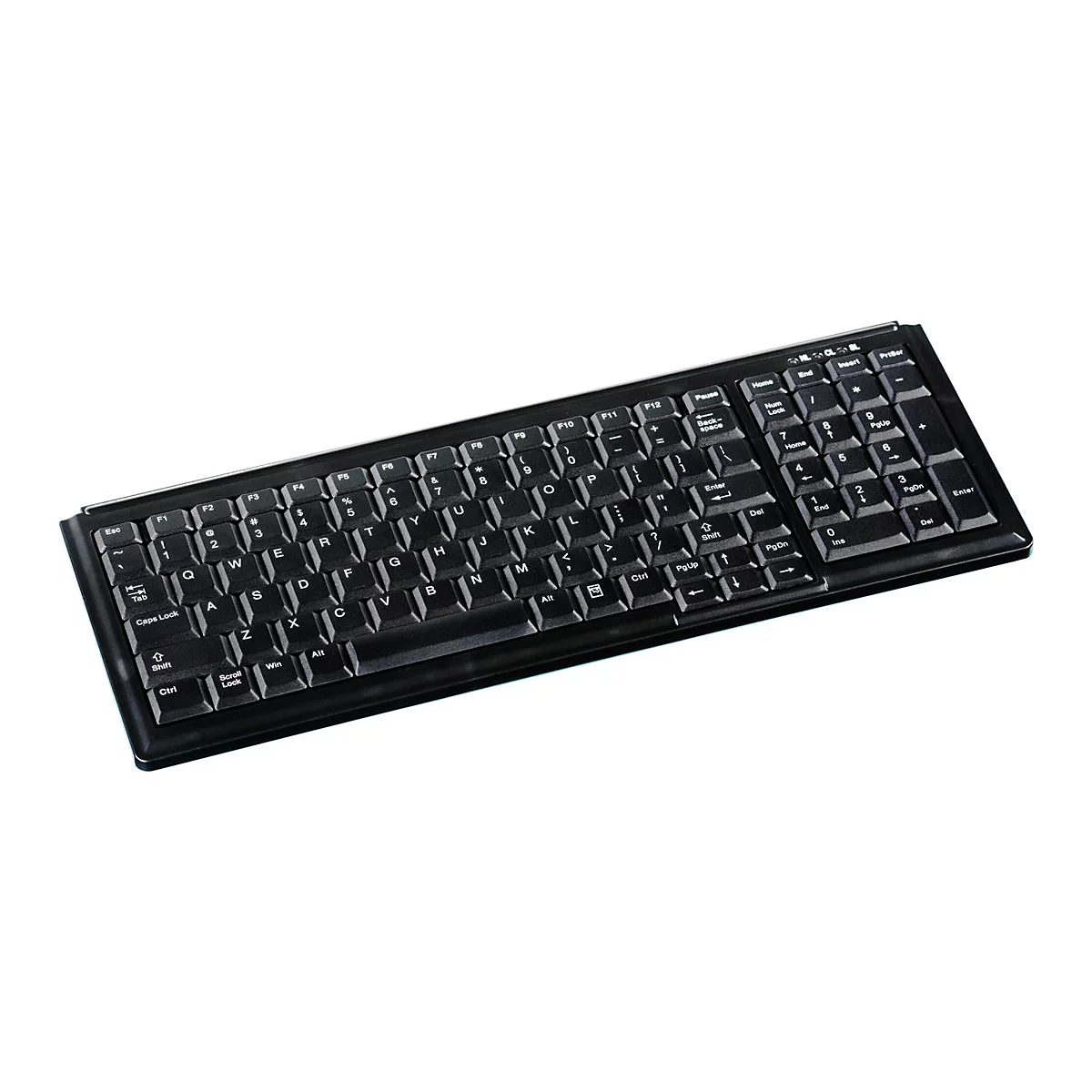 Schwarze PC-Tastatur in Draufsicht vor weißem Hintergrund.