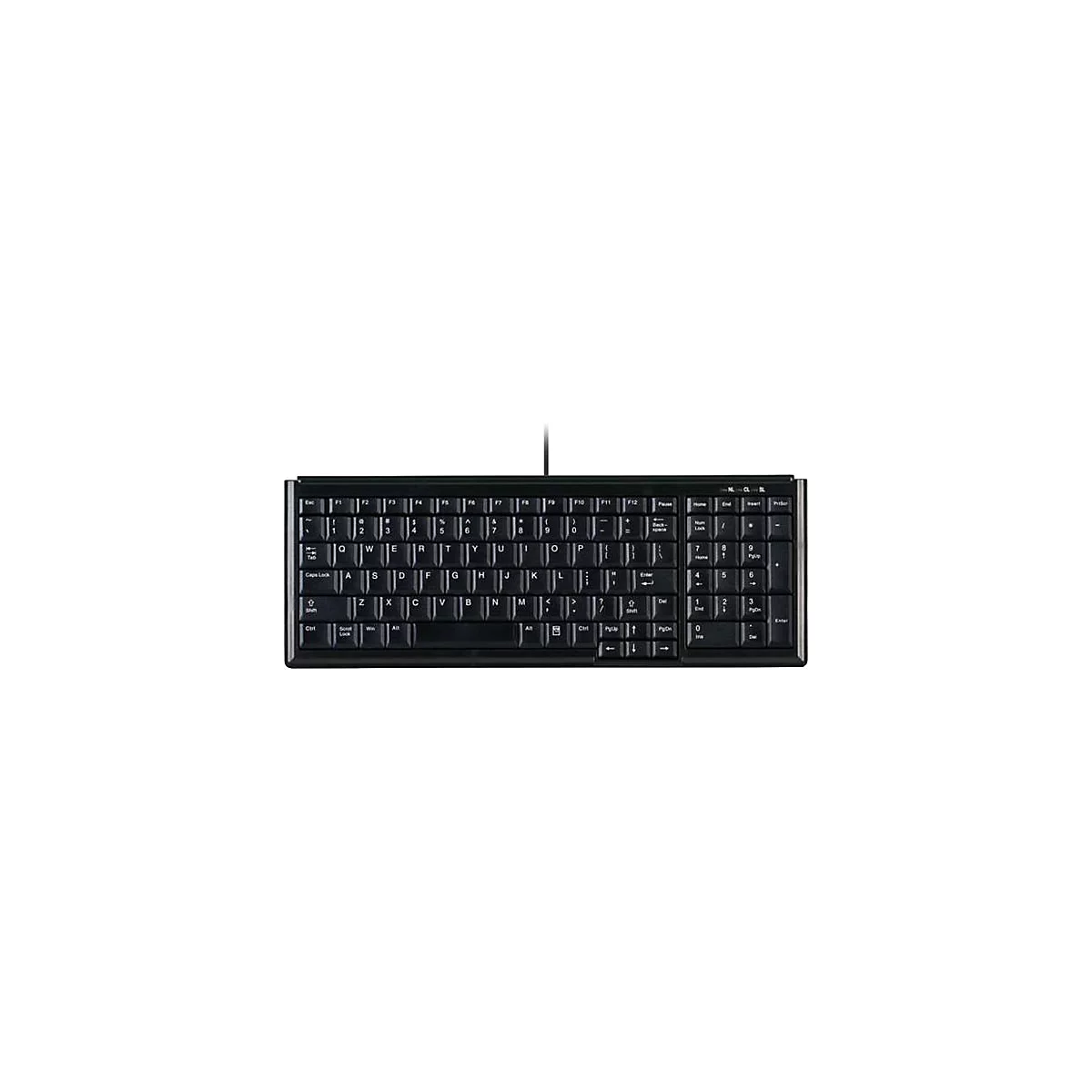 Schwarze, kabelgebundene Computertastatur im QWERTY-Layout vor weißem Hintergrund.
