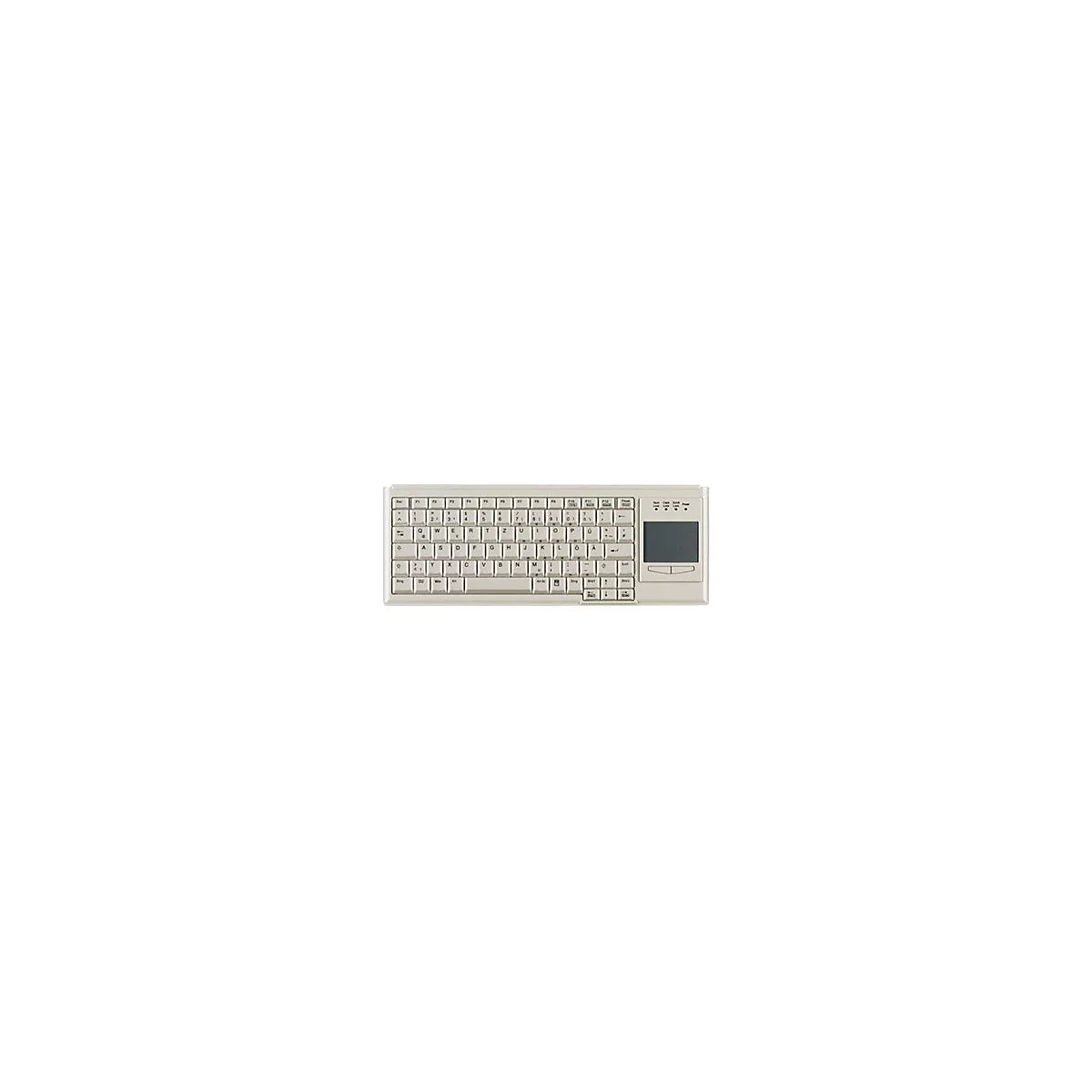 Beige Tastatur mit deutschem QWERTZ-Layout und integriertem Touchpad auf der rechten Seite.