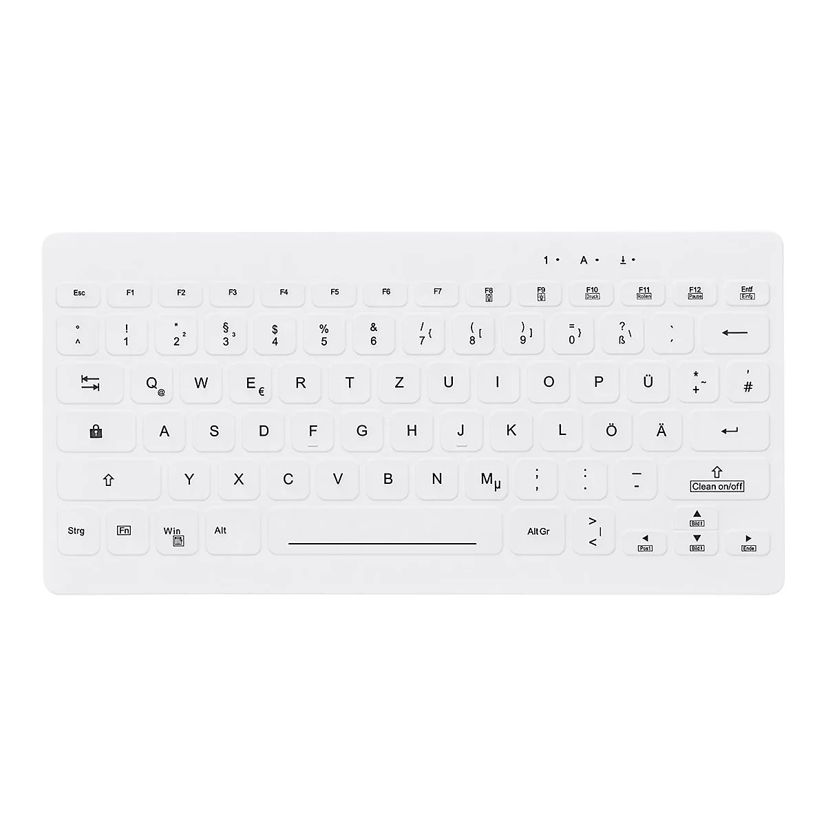 Weiße, flache Computertastatur mit deutschem QWERTZ-Layout auf weißem Hintergrund.