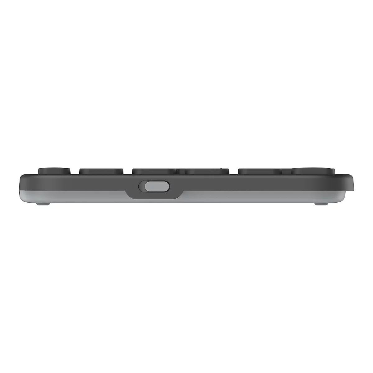 Seitenansicht einer flachen, grauen Tastatur mit schwarzen Tasten und einem kleinen Schalter an der Seite.