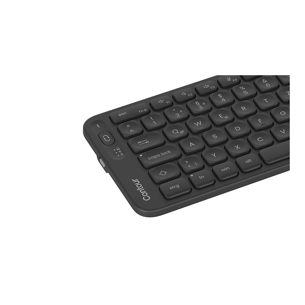 Nahaufnahme einer schwarzen Tastatur mit weißen Beschriftungen. Gut erkennbar sind Buchstaben, Zahlen und Sonderzeichen.