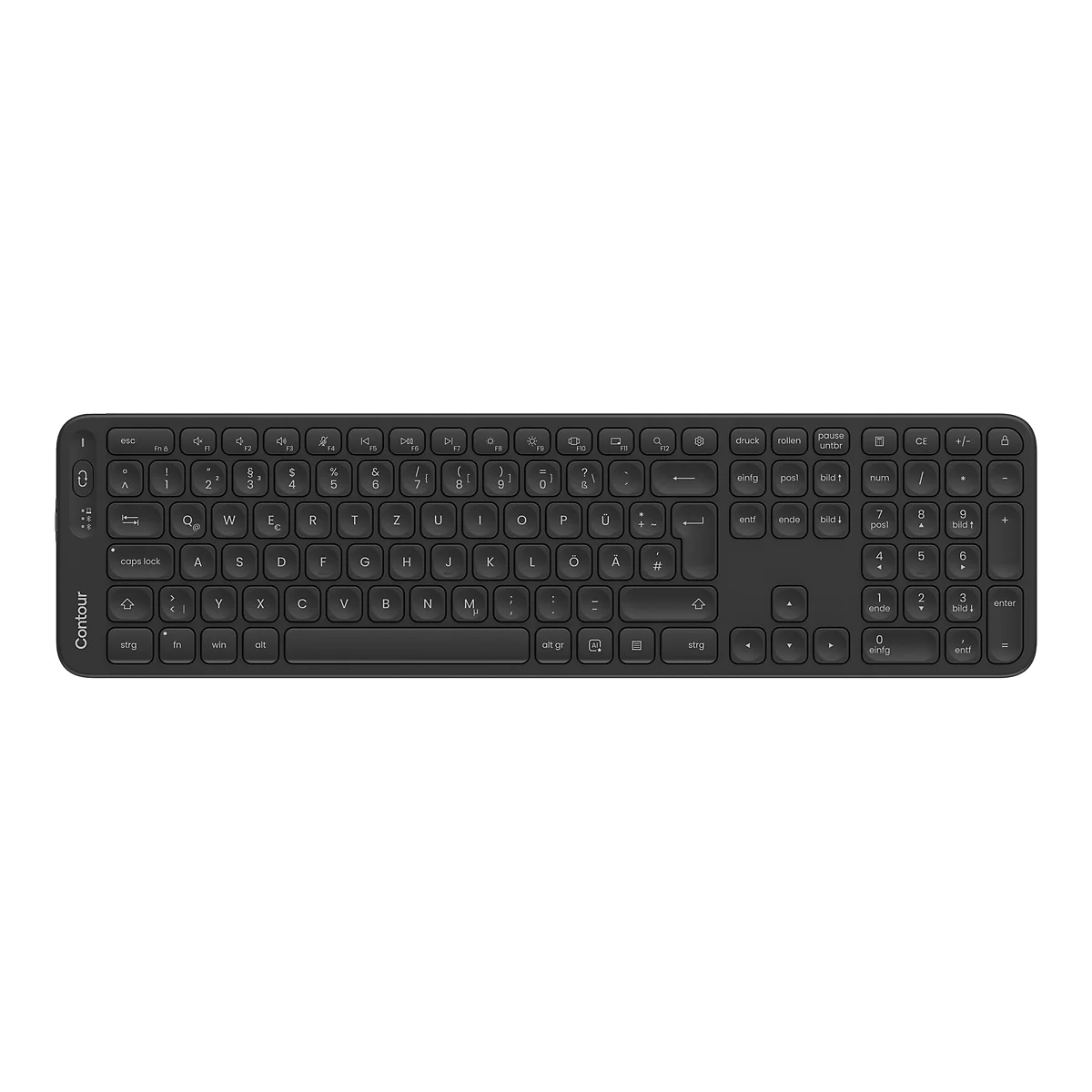 Schwarze kabellose Contour-Tastatur mit deutschem Layout vor weißem Hintergrund.
