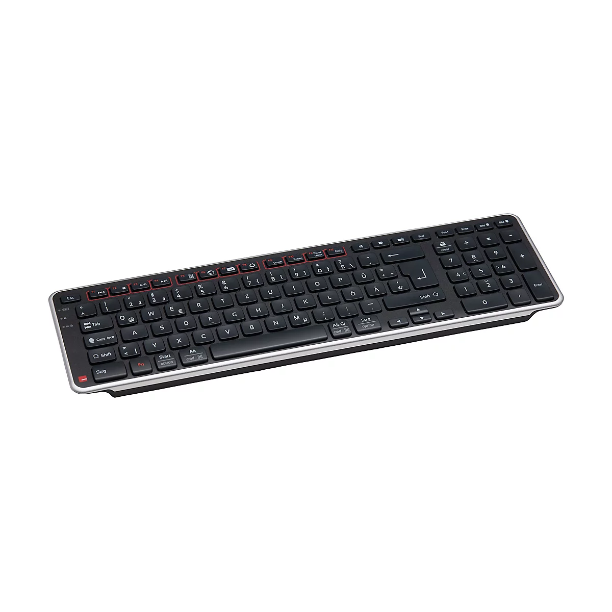 Schwarze kabellose Tastatur mit silbernem Rand auf weißem Hintergrund.