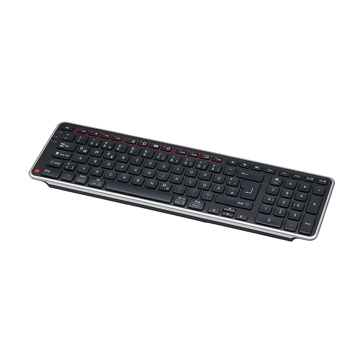 Schwarze kabellose Tastatur mit silbernem Rahmen vor weißem Hintergrund.