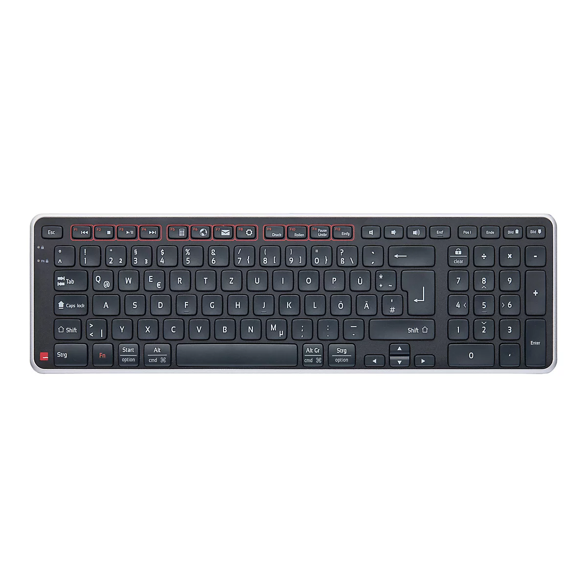 Draufsicht einer flachen, schwarzen Computertastatur mit deutschem QWERTZ-Layout und silbernem Rahmen auf weißem Grund.