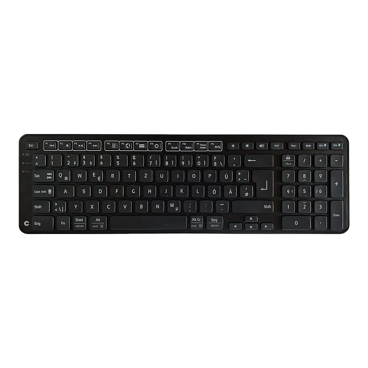 Schwarze kabellose Computertastatur mit deutschem QWERTZ-Layout und Ziffernblock auf weißem Hintergrund.