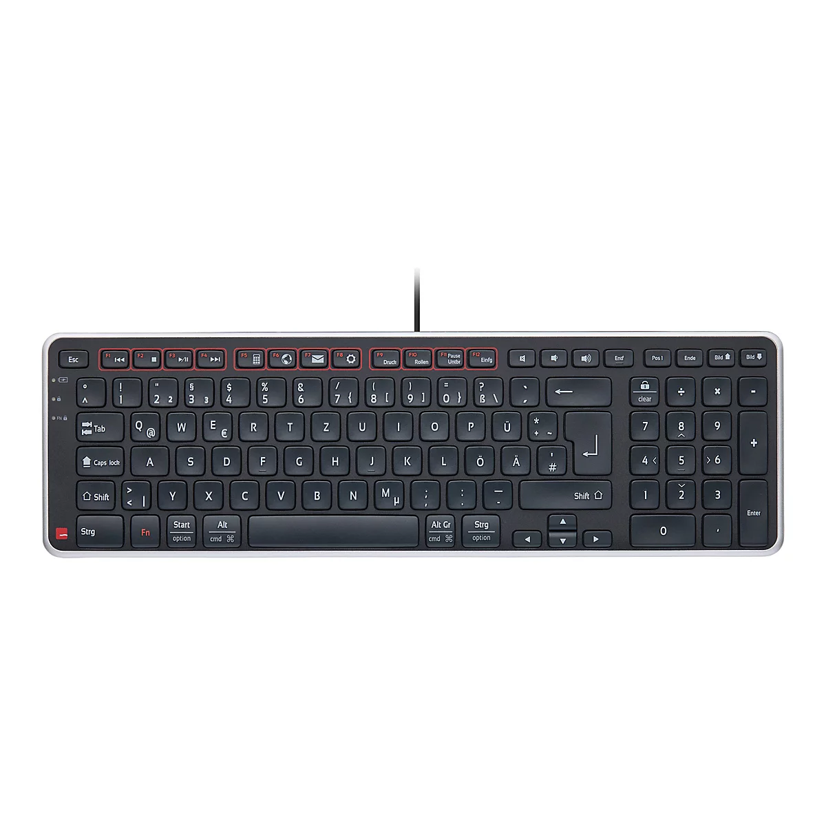 Schwarze PC-Tastatur mit deutschem QWERTZ-Layout und silbernem Rahmen vor weißem Hintergrund.