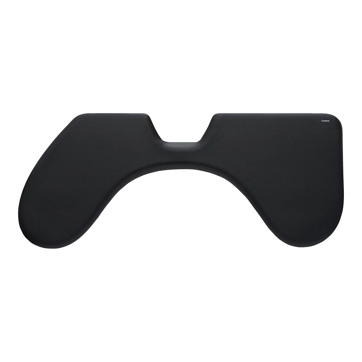 Schwarze, ergonomische Handgelenkauflage mit geschwungener Form vor weißem Hintergrund.