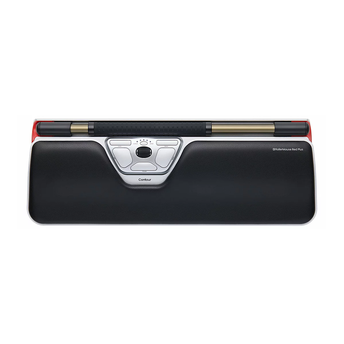 Contour RollerMouse Red Plus mit schwarzer Handballenauflage und Rollbalken vor weißem Hintergrund.