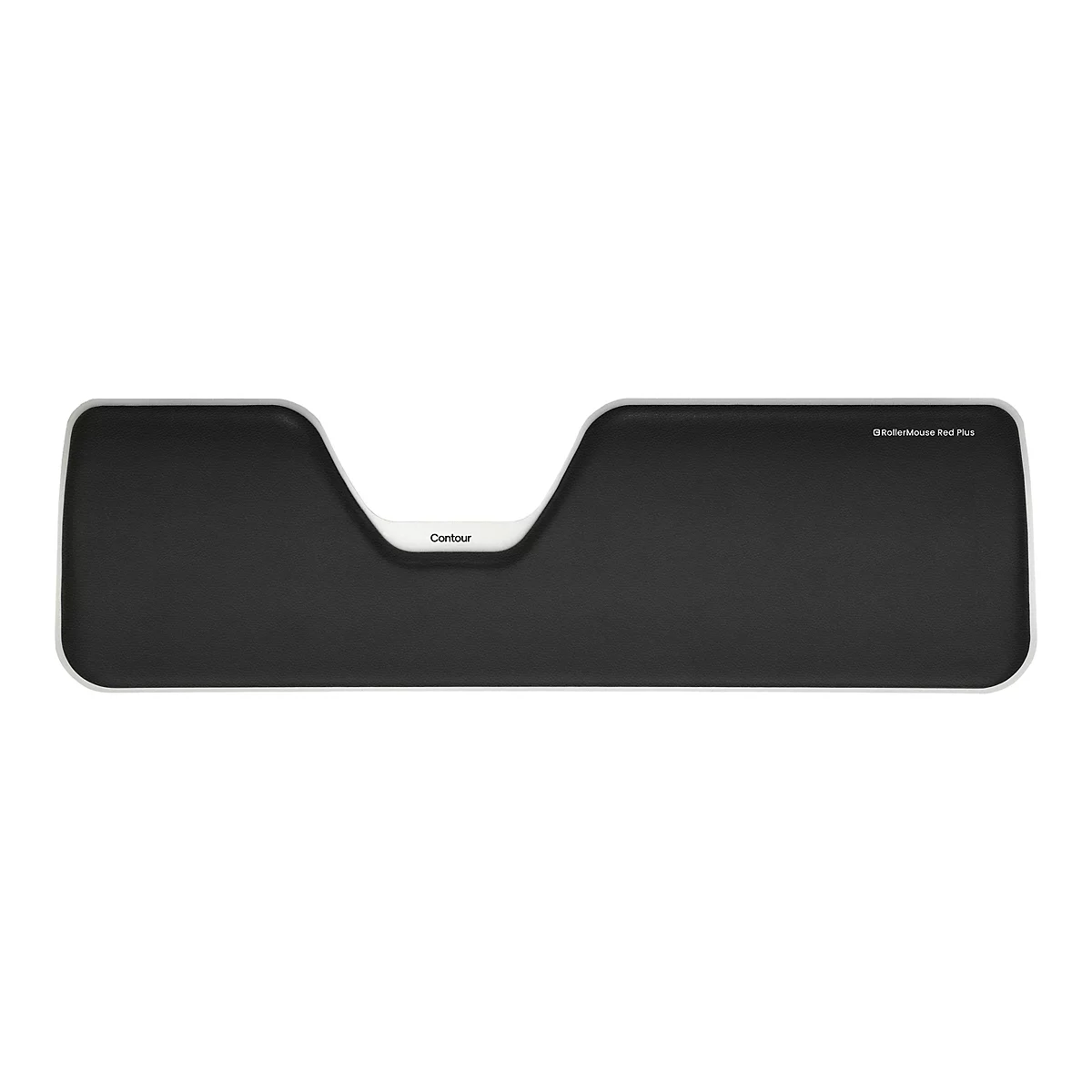 Schwarze, ergonomische Handballenauflage mit weißem Rand und Aufschrift Contour sowie RollerMouse Red Plus.