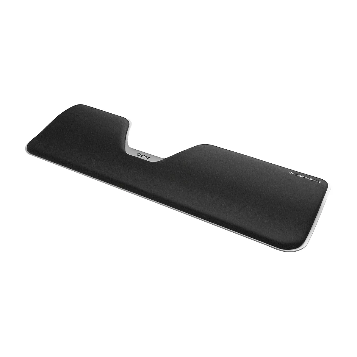 Schwarze, ergonomische Handballenauflage mit silbernem Rand und Contour-Schriftzug vor weißem Hintergrund.