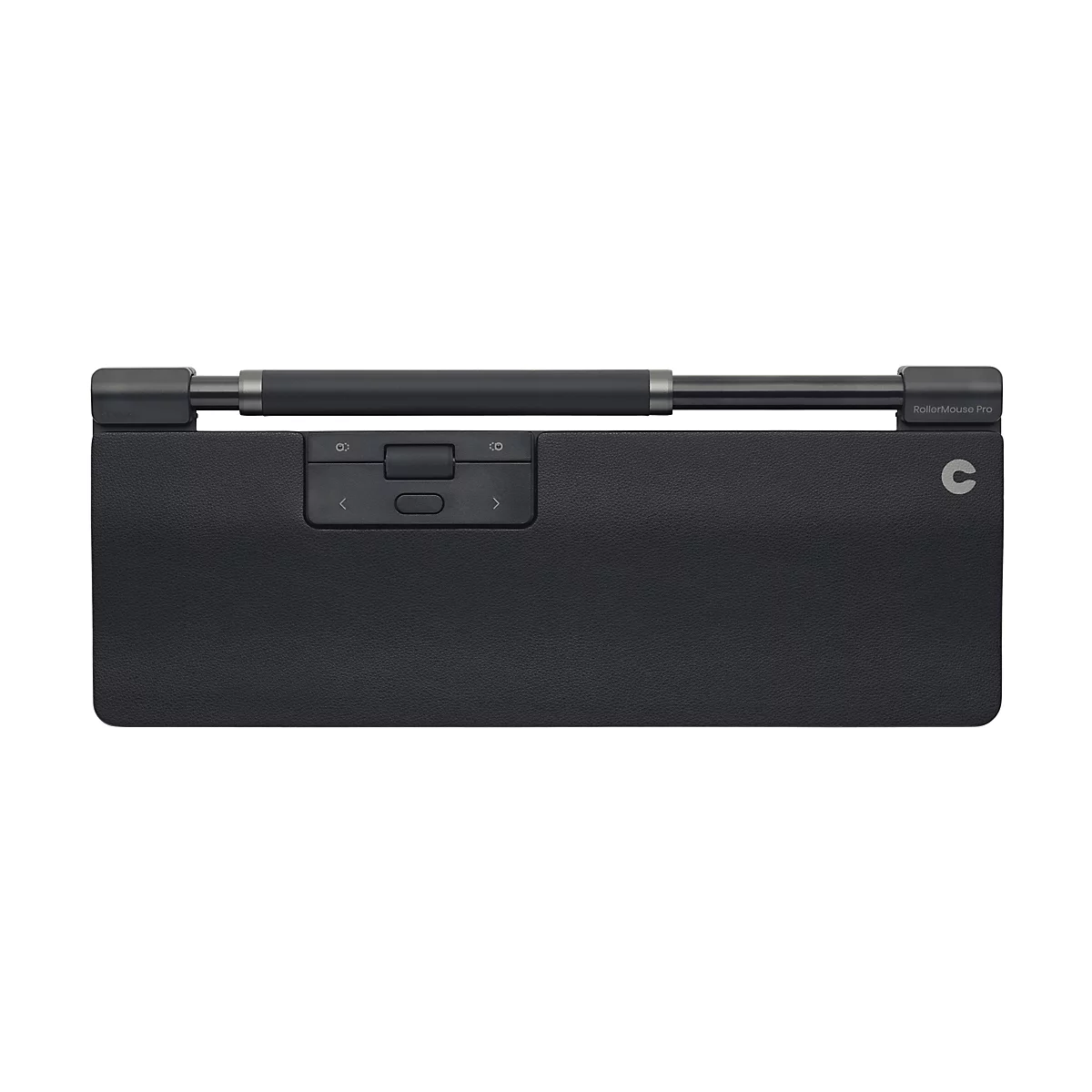 Schwarze RollerMouse Pro mit Rollleiste und integrierter Handballenauflage vor weißem Hintergrund.