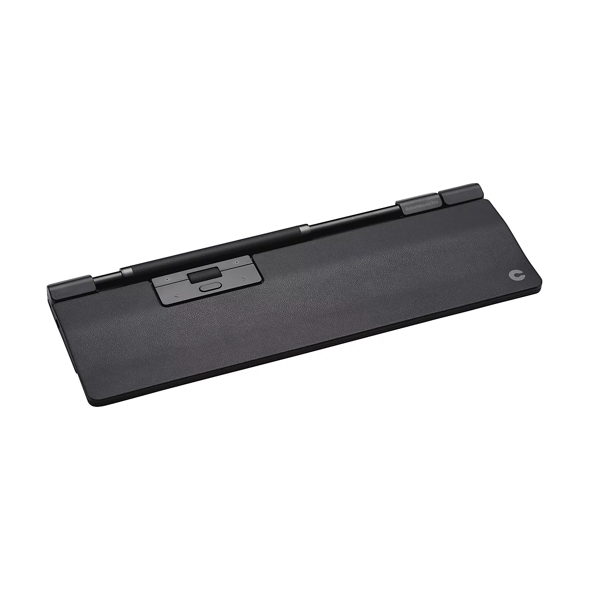 Schwarze RollerMouse Pro mit integrierter Handballenauflage und Rollstab vor weißem Hintergrund.